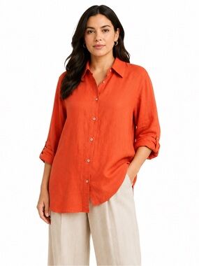 Cristian Trapani Womens Shirt Size 1X Linen Cotton Blend Orange Lagenlook Resort